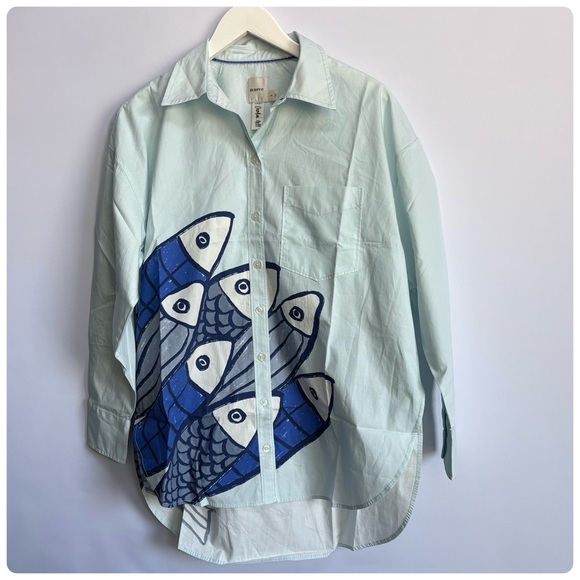 NWT Anthropo Maeve The Bennet Buttondown Shirt Fish Print Novelty Edition, S - Picture 6 of 14